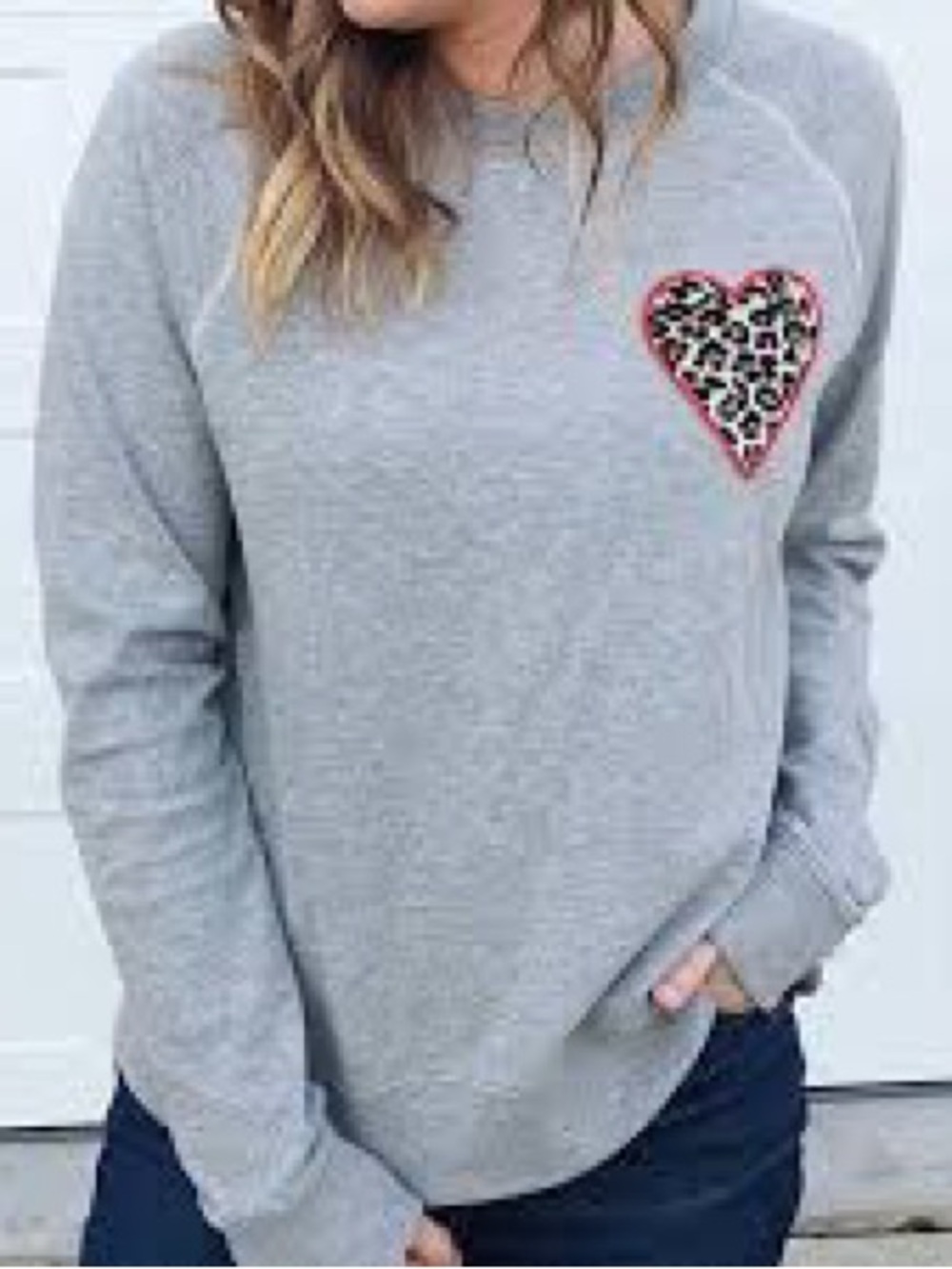 Stella & Dot Gray Sweatshirt with Leopard Heart Accent and Pink Trim